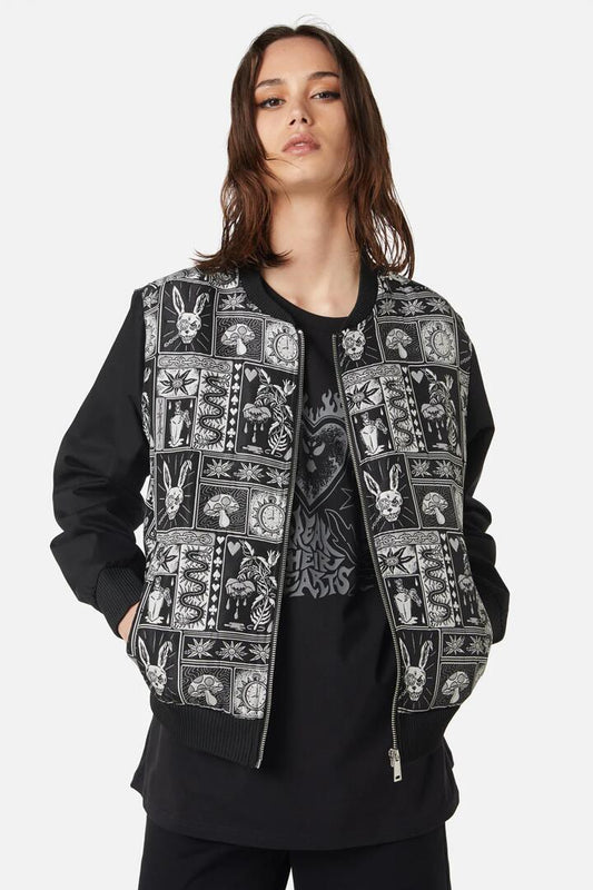 Image of a model wearing Outerwear. Productname: No Way Out Bomber Jacket in Black/White colour by brand - Dangerfield
