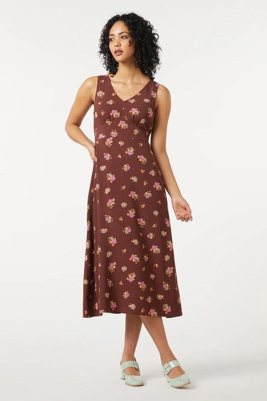 Image of a model wearing Dress. Productname: Ziva Floral Midi Dress in Chocolate colour by brand - Princess Highway