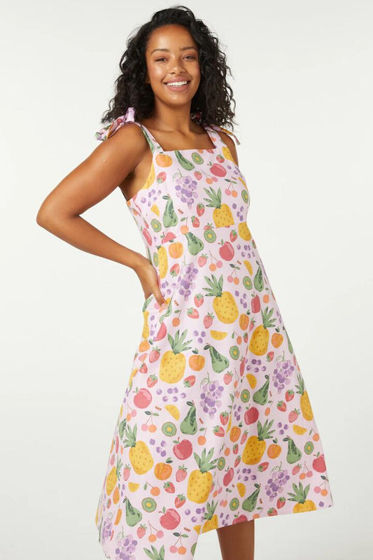 Image of a model wearing Dress. Productname: Summer Fruits Sundress in Pink colour by brand - Princess Highway