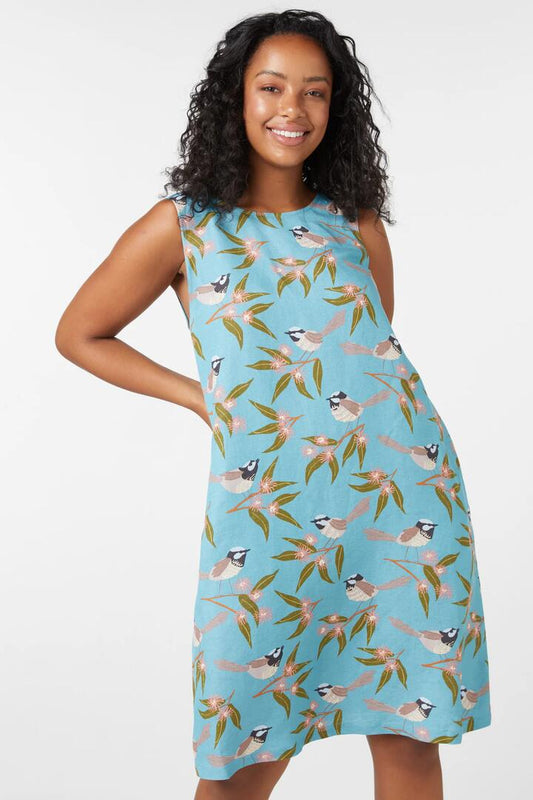 Image of a model wearing Dress. Productname: Fairy Wren Shift Dress in Blue colour by brand - Princess Highway