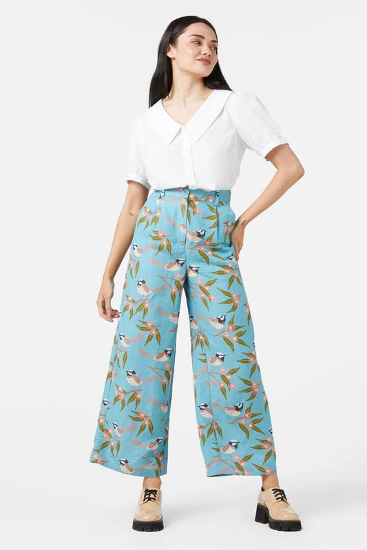 Image of a model wearing Pants. Productname: Fairy Wren Pant in Blue colour by brand - Princess Highway