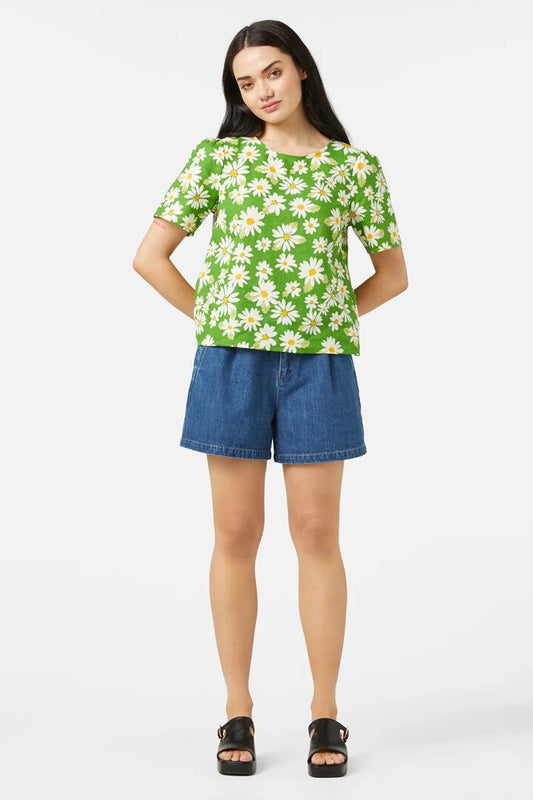 Image of a model wearing Tops. Productname: Wild Daisy Top in Green colour by brand - Princess Highway