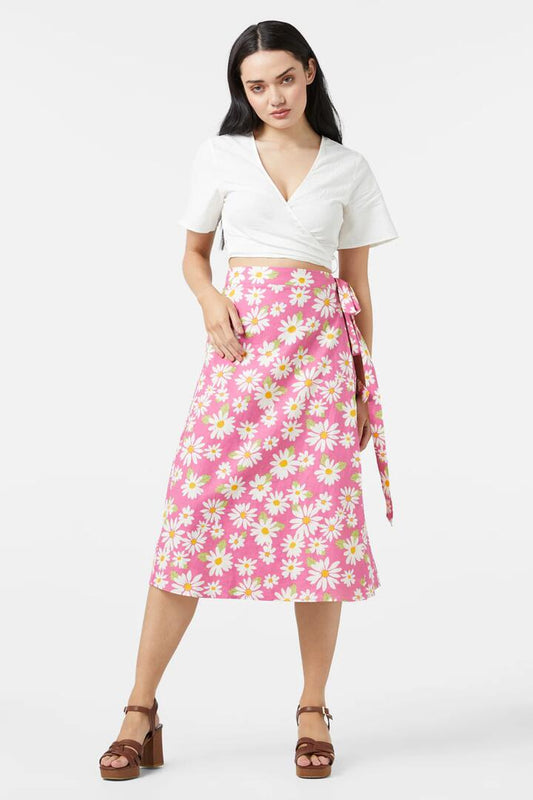 Image of a model wearing Skirts. Productname: Wild Daisy Wrap Skirt in Pink colour by brand - Princess Highway