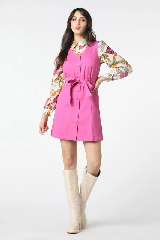 Image of a model wearing Dress. Productname: Evonne Pinny in Pink colour by brand - Princess Highway