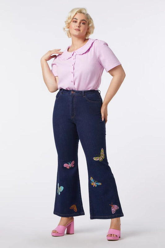 Image of a model wearing Denim. Productname: Moth Embroidered Jean in Dark Denim colour by brand - Princess Highway