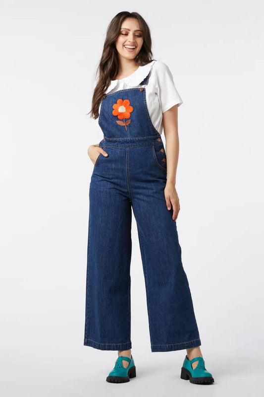 Image of a model wearing Pants. Productname: Renee Embroidered Overall in Dark Denim colour by brand - Princess Highway