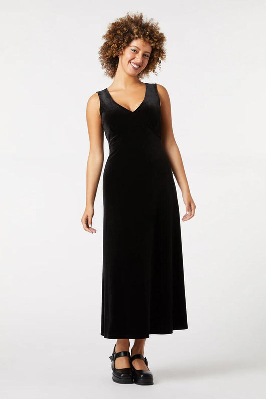Image of a model wearing Dress. Productname: Roxy Velvet Dress in Black colour by brand - Princess Highway