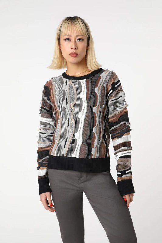 Image of a model wearing Tops. Productname: Corpse Textured Knit in Cream Multi colour by brand - Dangerfield