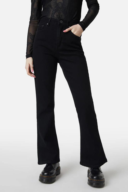 Image of a model wearing Denim. Productname: Flare Danger Jeans in Black colour by brand - Dangerfield