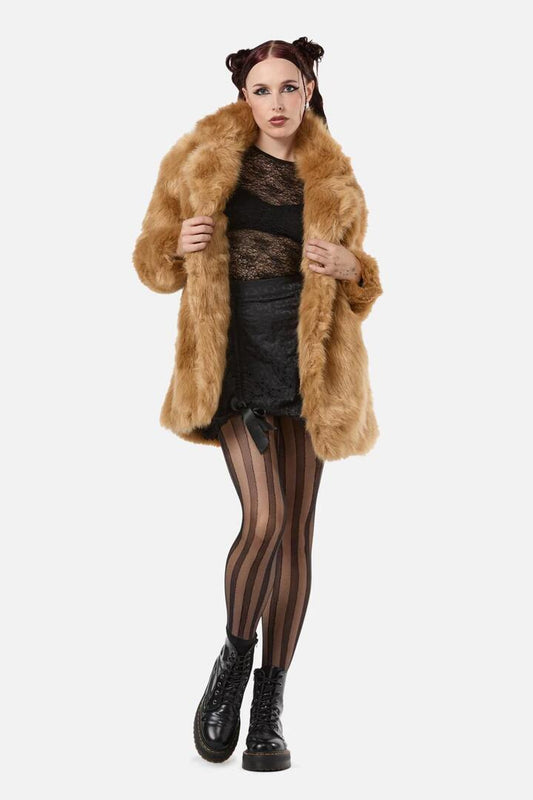 Image of a model wearing Outerwear. Productname: Harry Faux Fur Jacket in Tan colour by brand - Dangerfield