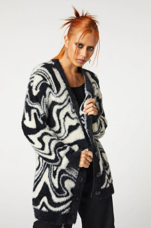 Image of a model wearing Outerwear. Productname: Who Are You Geo Knit Cardi in Black colour by brand - Dangerfield