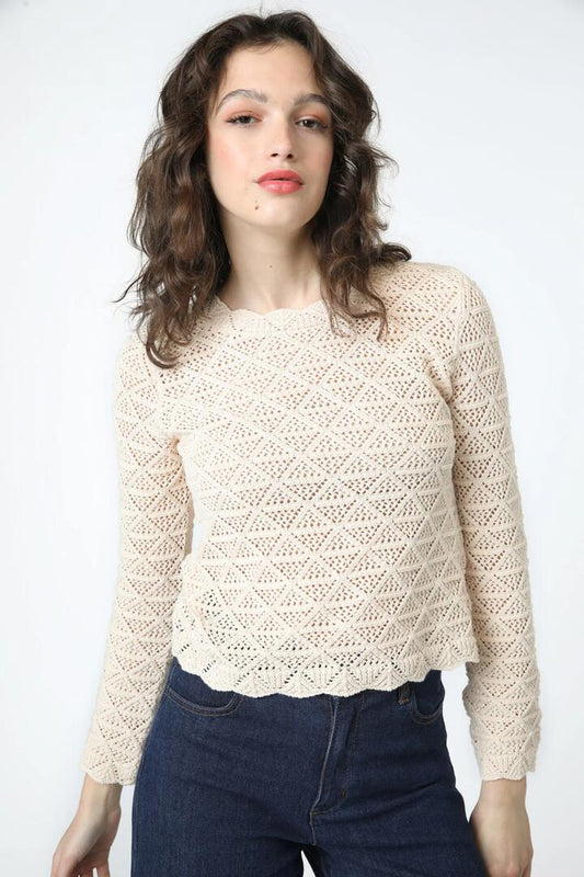 Image of a model wearing Tops. Productname: Bianca Knit in Cream colour by brand - Princess Highway