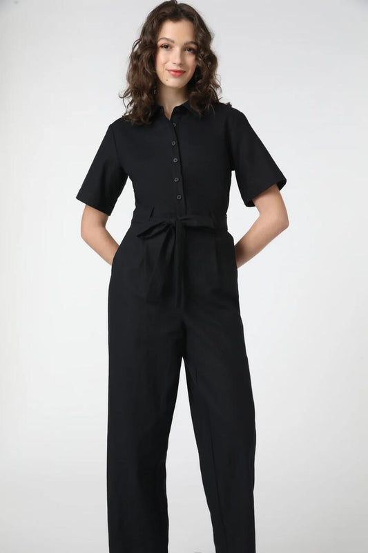 Image of a model wearing Outerwear. Productname: Bobbi Jumpsuit in Black colour by brand - Princess Highway