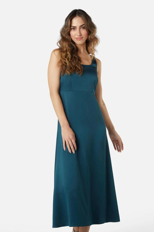 Image of a model wearing Dress. Productname: Lara Satin Dress in Peacock colour by brand - Princess Highway