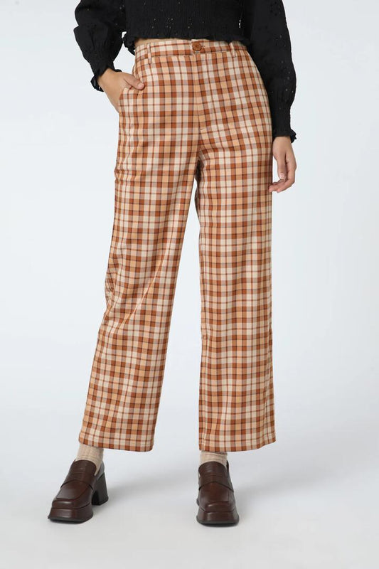 Image of a model wearing Pants. Productname: Stacey Check Pant in Toffee colour by brand - Princess Highway