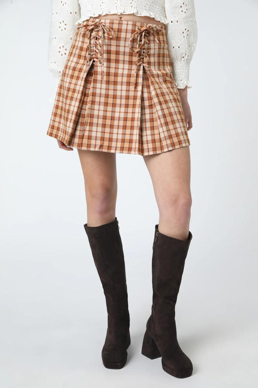 Image of a model wearing Skirts. Productname: Stacey Check Skirt in Toffee colour by brand - Princess Highway
