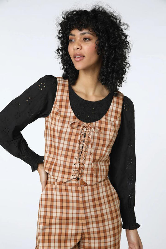 Image of a model wearing Tops. Productname: Stacey Check Vest in Toffee colour by brand - Princess Highway