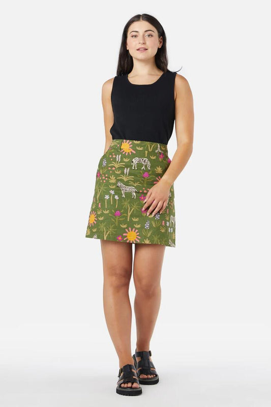 Image of a model wearing Skirts. Productname: Sunshine Zebra Skirt in Green colour by brand - Princess Highway