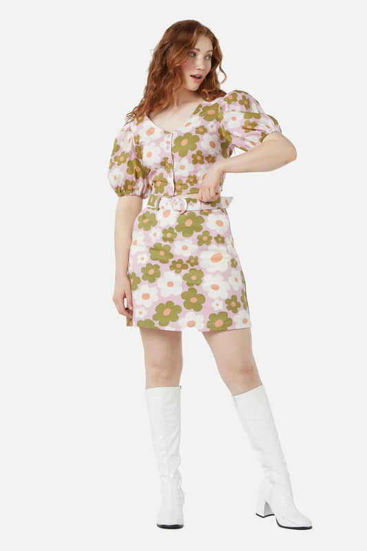 Image of a model wearing Skirts. Productname: Daisy Mini Skirt in Pink colour by brand - Princess Highway