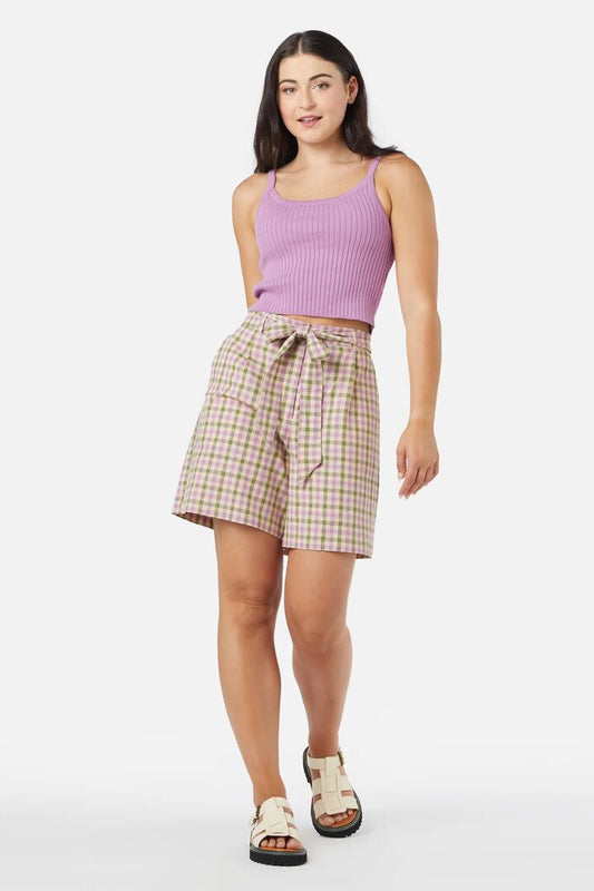 Image of a model wearing Shorts. Productname: Emmie Check Short in Green/Pink colour by brand - Princess Highway