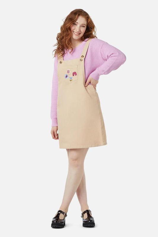 Image of a model wearing Dress. Productname: Patchwork Pinny in Beige colour by brand - Princess Highway