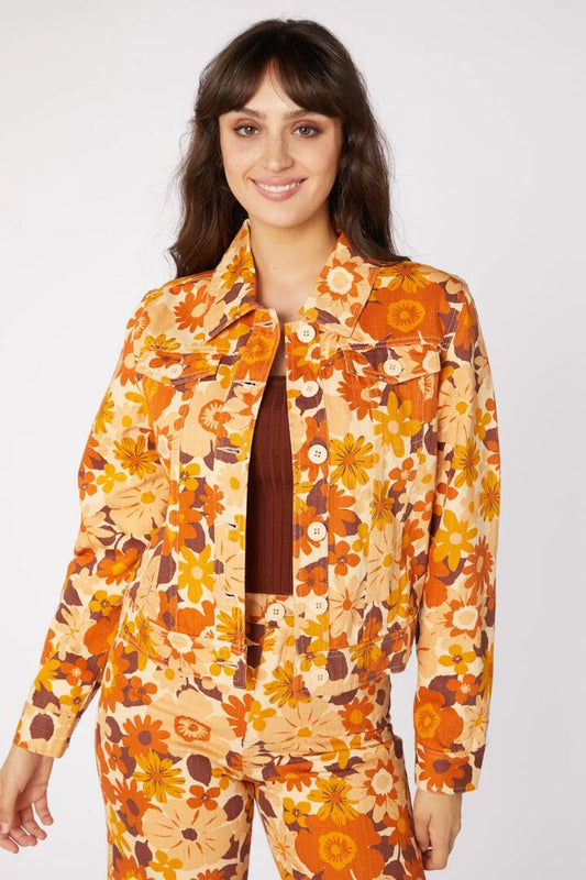 Image of a model wearing Outerwear. Productname: Twiggy Floral Jacket in Gold colour by brand - Princess Highway