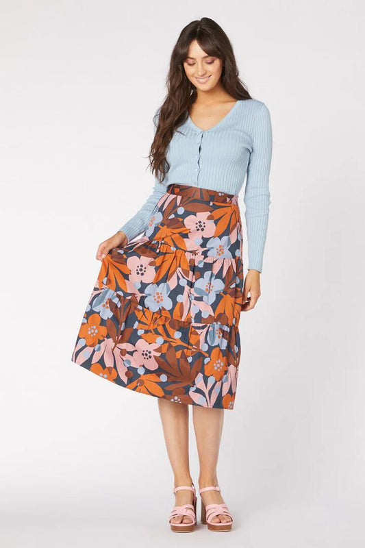 Image of a model wearing Skirts. Productname: Pippa Floral Skirt in Navy colour by brand - Princess Highway