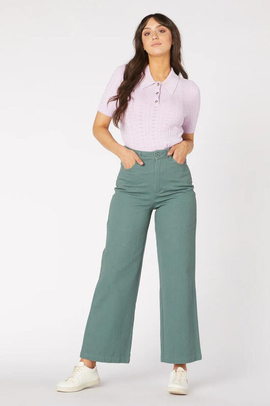 Image of a model wearing Denim. Productname: Harlow Jean in Teal colour by brand - Princess Highway