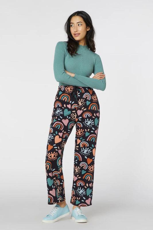 Image of a model wearing Pants. Productname: I Love Rainbows Track Pant in Navy colour by brand - Princess Highway