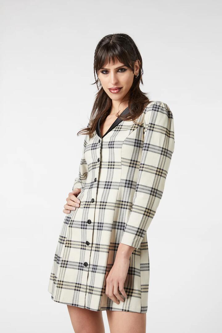Image of a model wearing Dress. Productname: Crescent Tartan Long Sleeve Dress in Beige colour by brand - Dangerfield