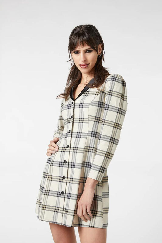 Image of a model wearing Dress. Productname: Crescent Tartan Long Sleeve Dress in Beige colour by brand - Dangerfield