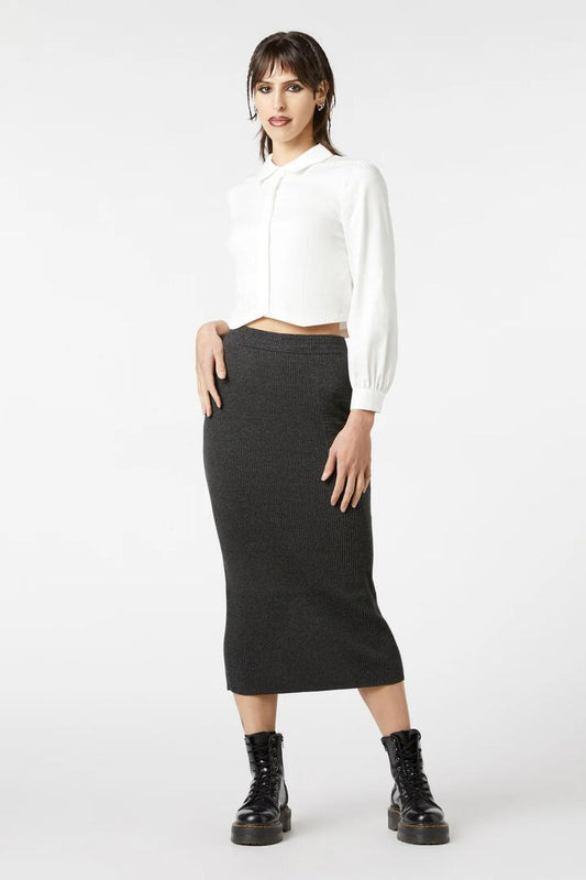 Image of a model wearing Skirts. Productname: Moon Sign Knit Skirt in Charcoal colour by brand - Dangerfield