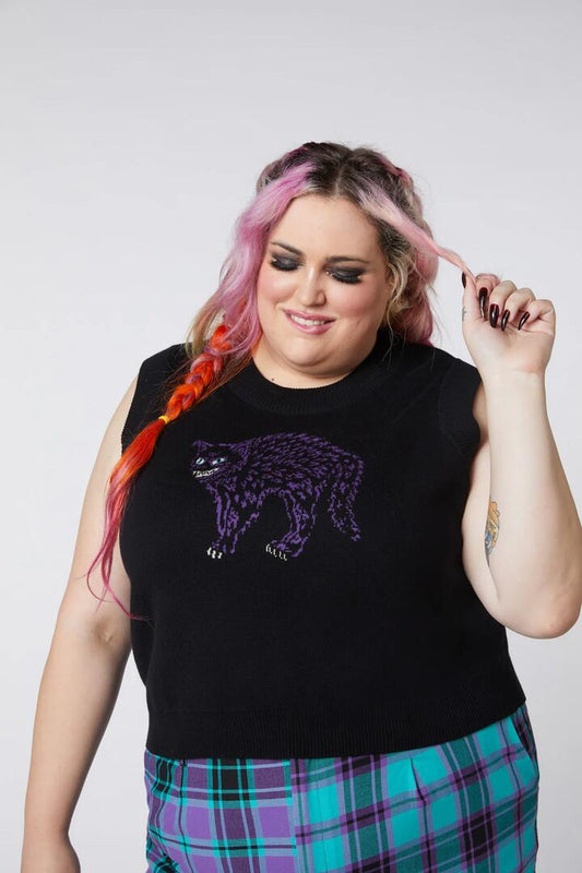 Image of a model wearing Tops. Productname: Curve Grinning Cat Placement Vest in Black colour by brand - Dangerfield