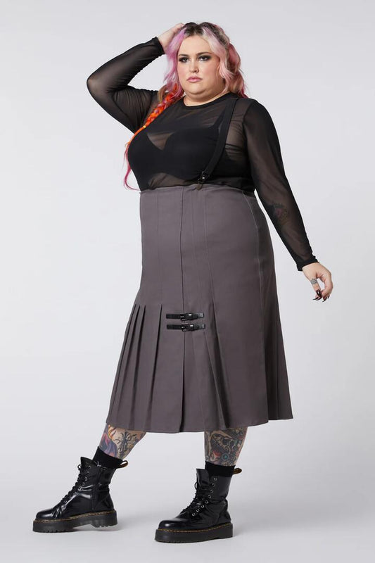 Image of a model wearing Skirts. Productname: Curve Time & Date Pleated Skirt in Charcoal colour by brand - Dangerfield