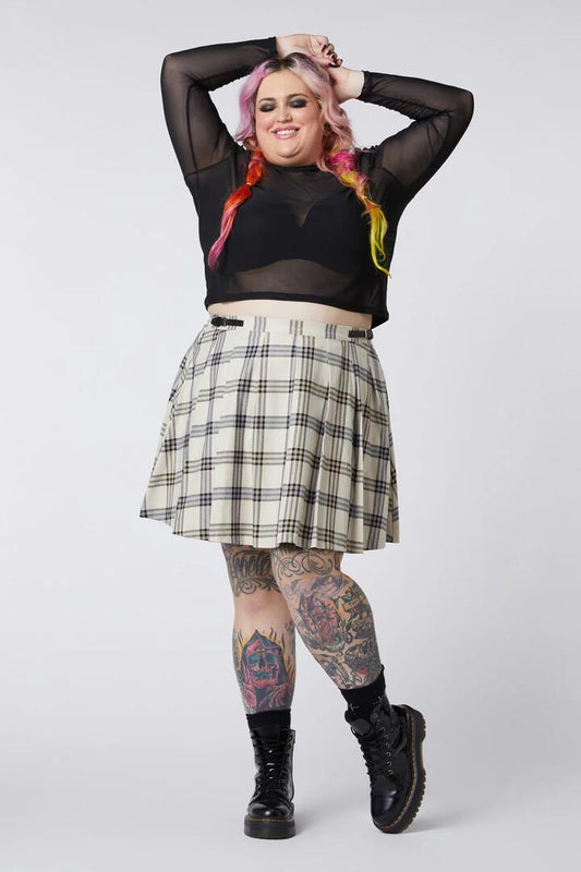 Image of a model wearing Skirts. Productname: Curve Crescent Tartan Pleat Skirt in Beige colour by brand - Dangerfield