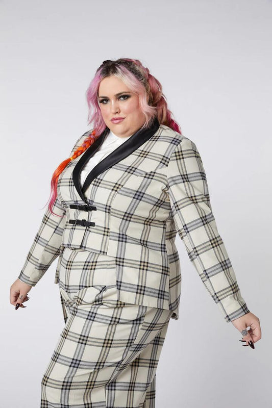 Image of a model wearing Outerwear. Productname: Curve Crescent Tartan Tail Coat in Beige colour by brand - Dangerfield
