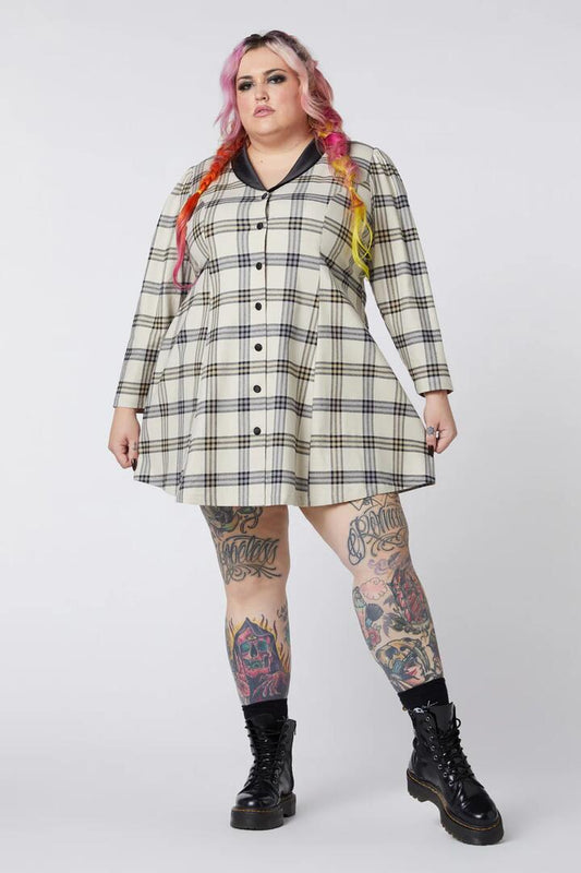Image of a model wearing Dress. Productname: Curve Crescent Tartan Long Sleeve Dress in Beige colour by brand - Dangerfield