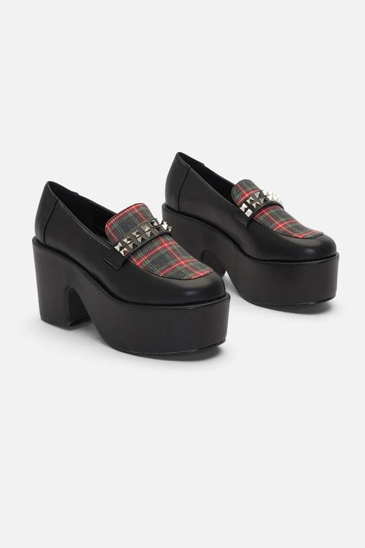 Image of Flats. Productname: Stud Strap Tartan Loafers in Black colour by brand - Dangerfield