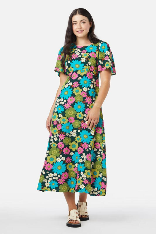 Image of a model wearing Dress. Productname: Pattie Floral Maxi Dress in Green colour by brand - Princess Highway