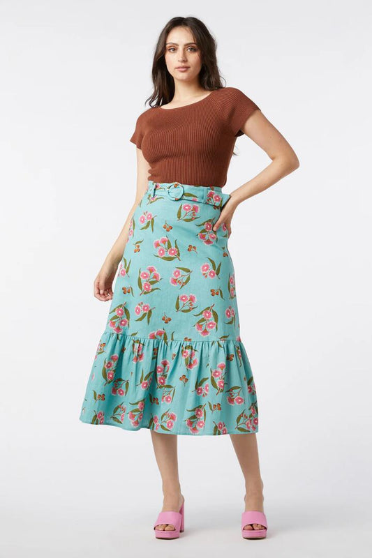 Image of a model wearing Skirts. Productname: Flowering Gum Skirt in Green colour by brand - Princess Highway