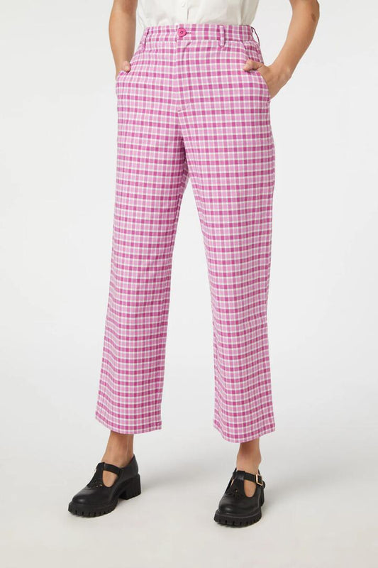 Image of a model wearing Pants. Productname: Taylor Check Pant in Violet colour by brand - Princess Highway