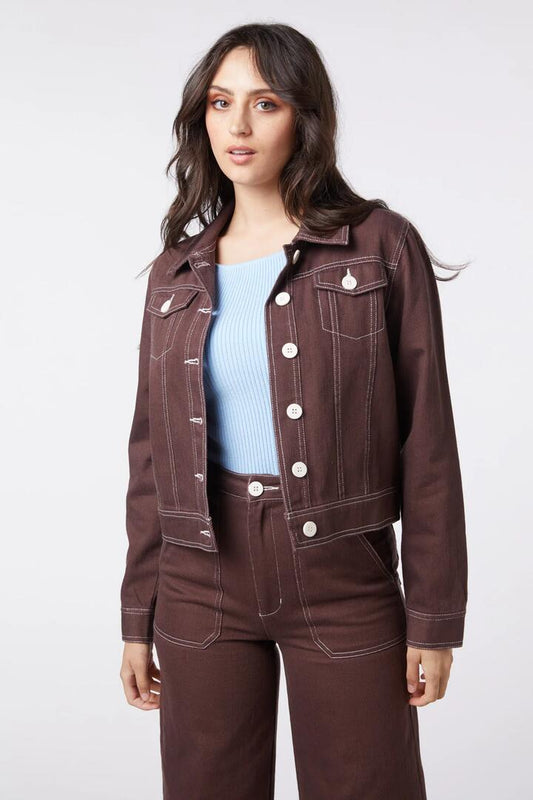 Image of a model wearing Outerwear. Productname: Blair Jacket in Chocolate colour by brand - Princess Highway