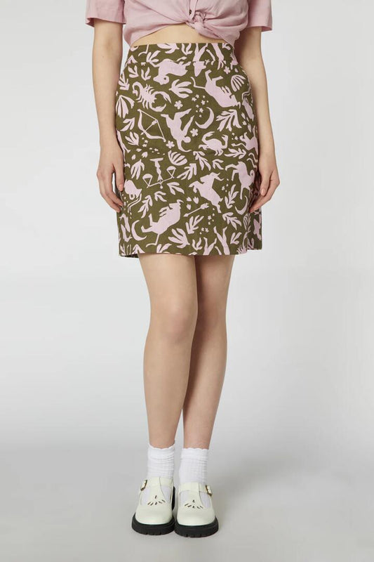 Image of a model wearing Skirts. Productname: Astrology Skirt in Olive colour by brand - Princess Highway