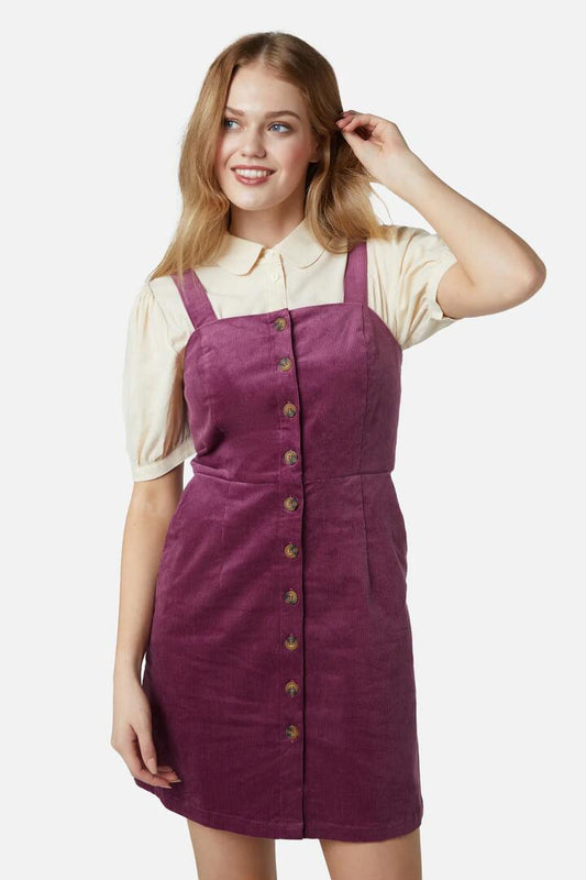 Image of a model wearing Dress. Productname: Samantha Cord Pinny in Blue colour by brand - Princess Highway