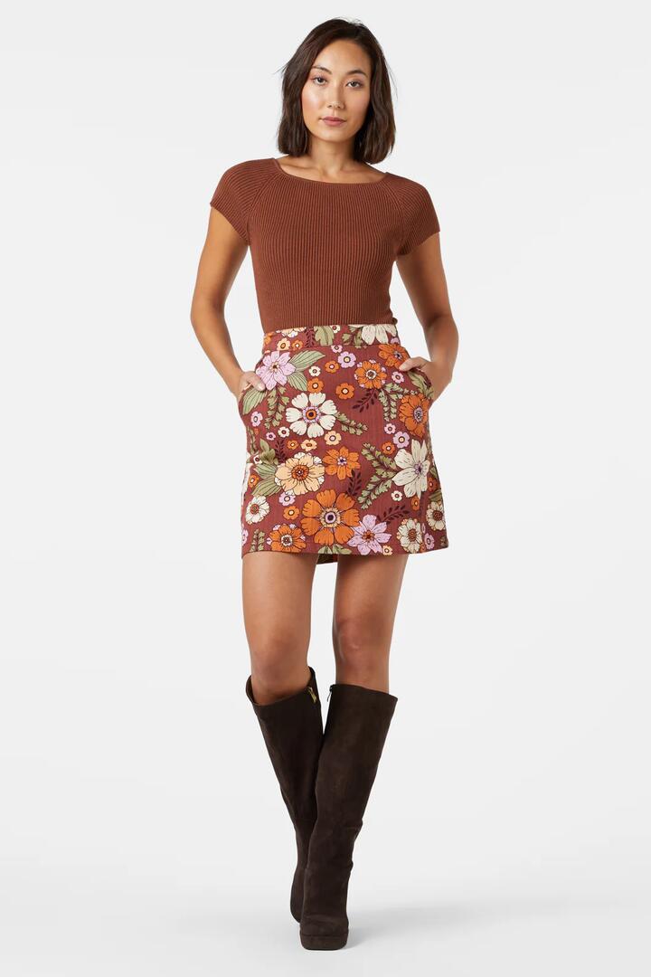 Image of a model wearing Skirts. Productname: Brandy Mini Skirt in Chocolate colour by brand - Princess Highway