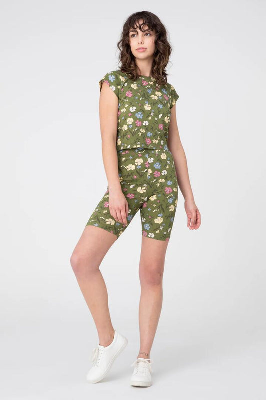 Image of a model wearing Shorts. Productname: Heather Bike Shorts in Green colour by brand - Princess Highway