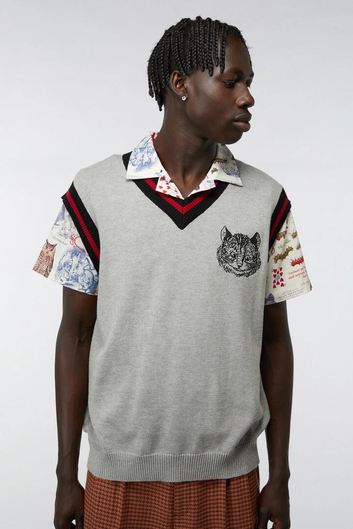 Image of a model wearing Tops. Productname: Very Late Vest in Grey/Red colour by brand - Dangerfield