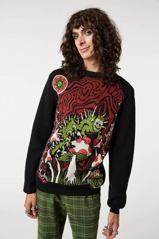 Image of a model wearing Tops. Productname: Who Are You Scene Knit in Black colour by brand - Dangerfield