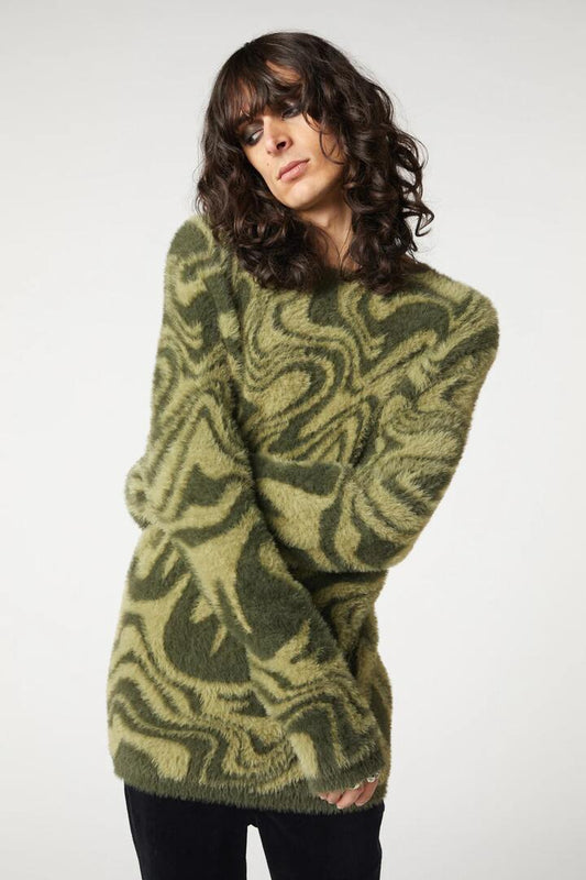 Image of a model wearing Tops. Productname: Who Are You Geo Knit in Olive colour by brand - Dangerfield