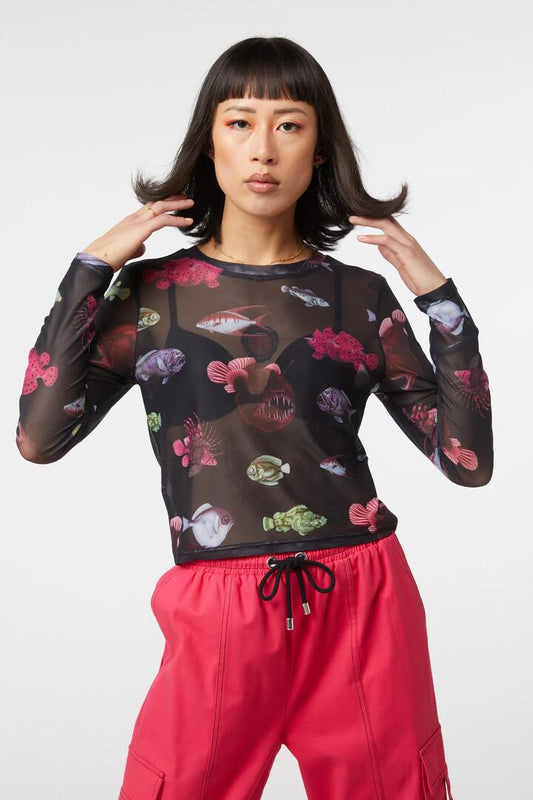 Image of a model wearing Tops. Productname: Deep Sea Dive Mesh Top in Black colour by brand - Dangerfield